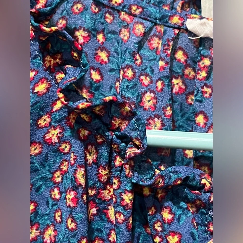 SOCIALITE BLUE DITSY Floral LONG SLEEVE PEPLUM Blouse with Ruffle Details SZ S